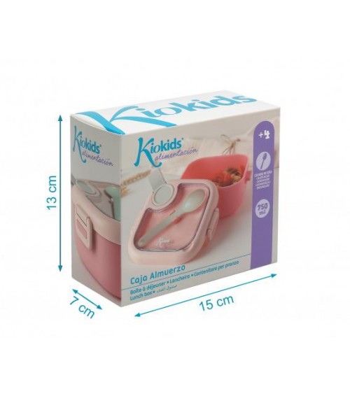 CAJA DE ALMUERZO CUADRADA ROSA CON CUCHARA GRIS KIOKIDS 3535