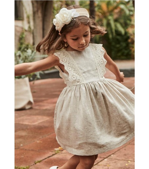 Vestido detalle bordado con lino niña 3910