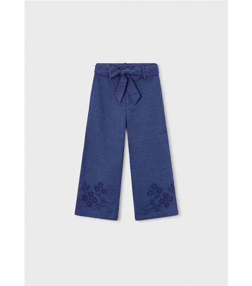 Pantalón largo bordado con lino niña 3585
